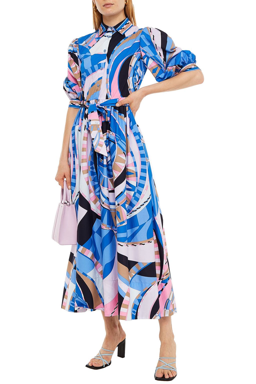 PUCCI فستان متوسط الطول بتصميم قميص من قماش البوبلين المصنوع من مزيج القطن مزين بطبعة ومزود بحزام