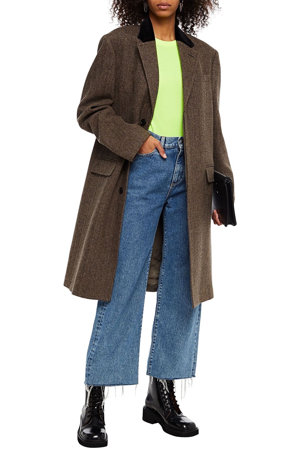 MAISON MARGIELA Mantel aus Fischgrätwoll-Tweed mit Samtbesatz
