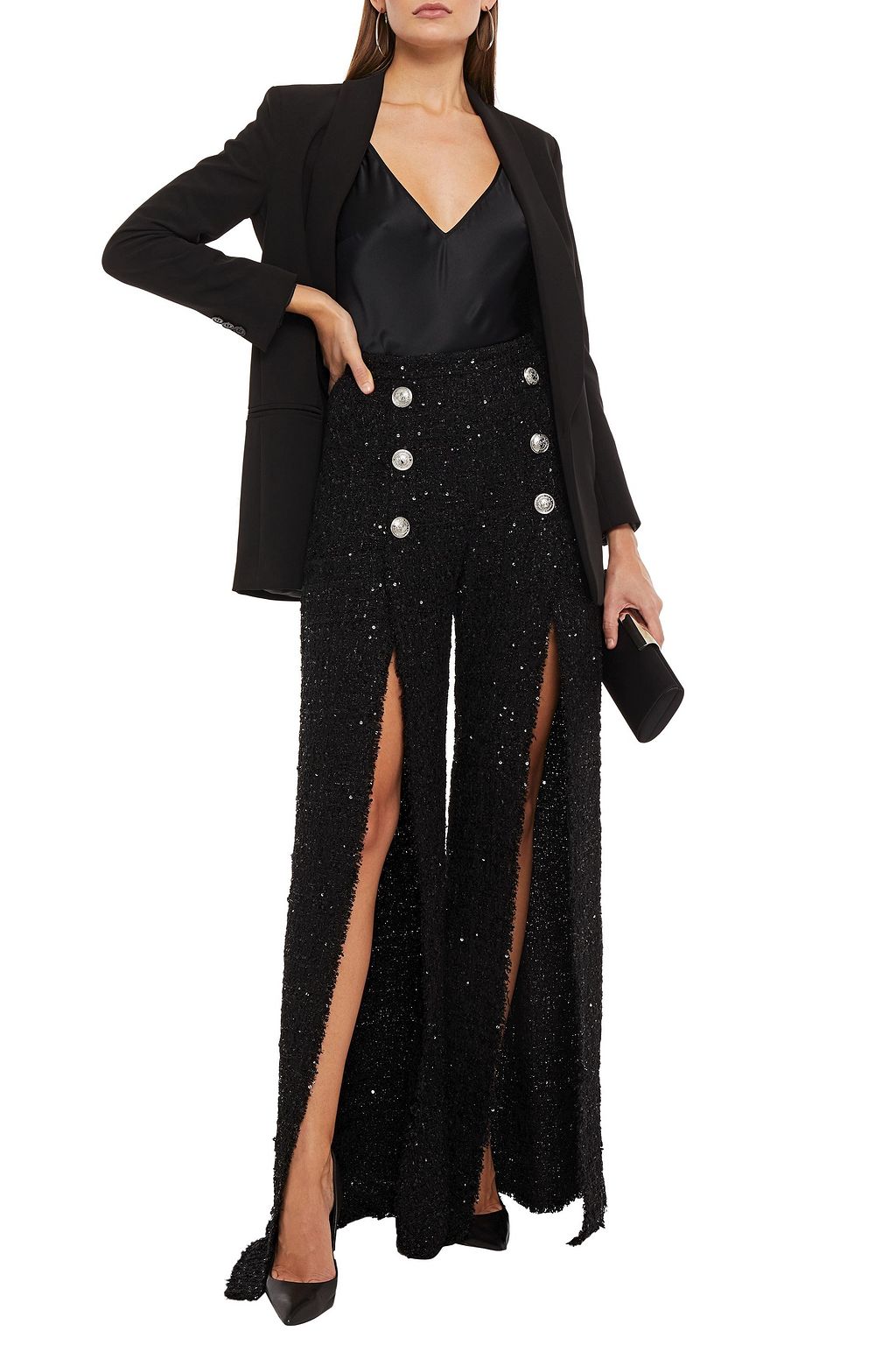 BALMAIN Button-embellished metallic tweed wide-leg pants