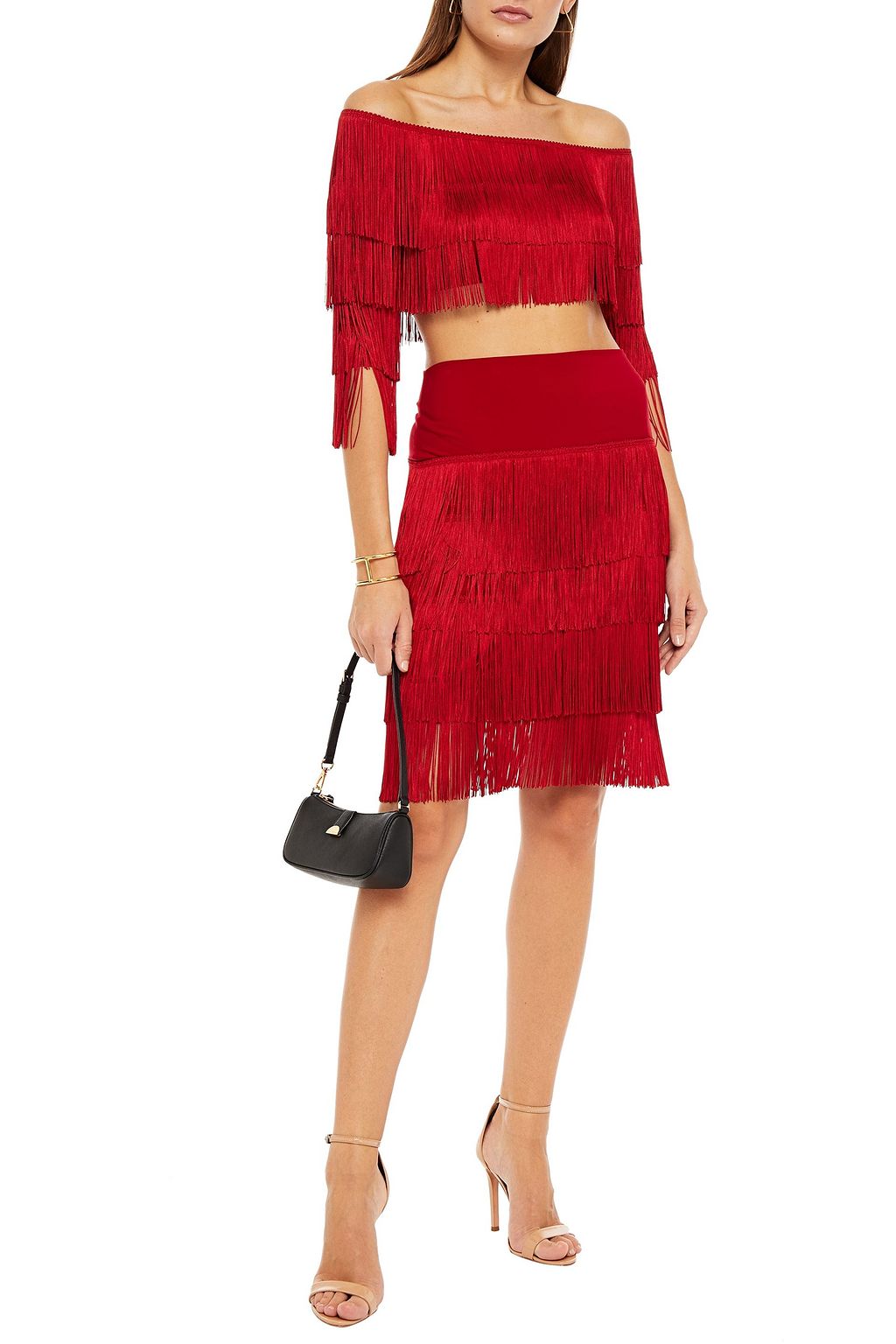 NORMA KAMALI Off-the-shoulder fringed jersey top