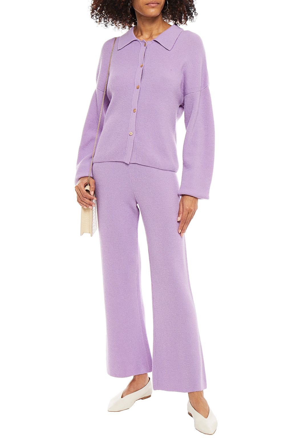 Lilac Ribbed-knit kick-flare pants 