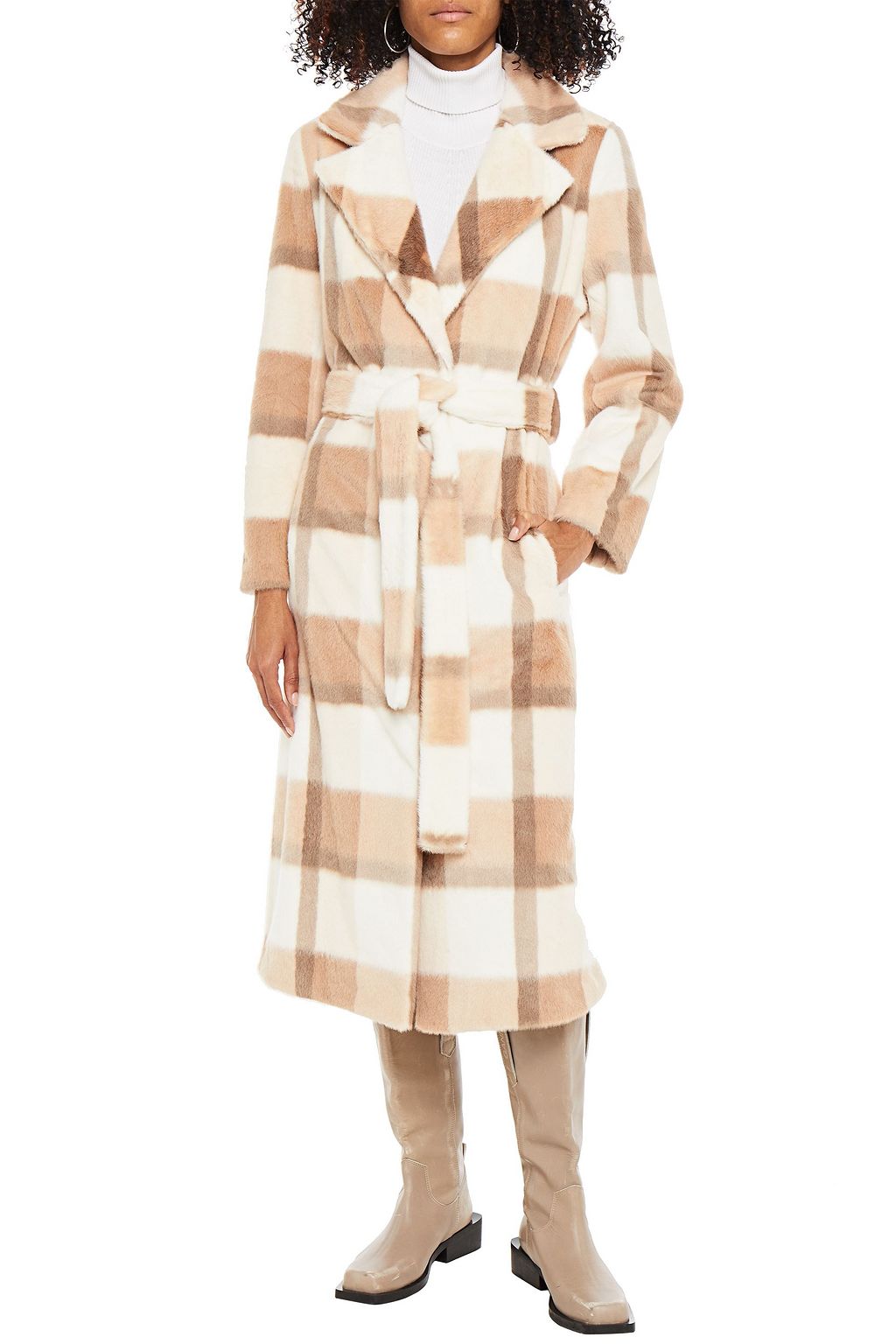 STAND STUDIO Juliet belted checked faux fur coat