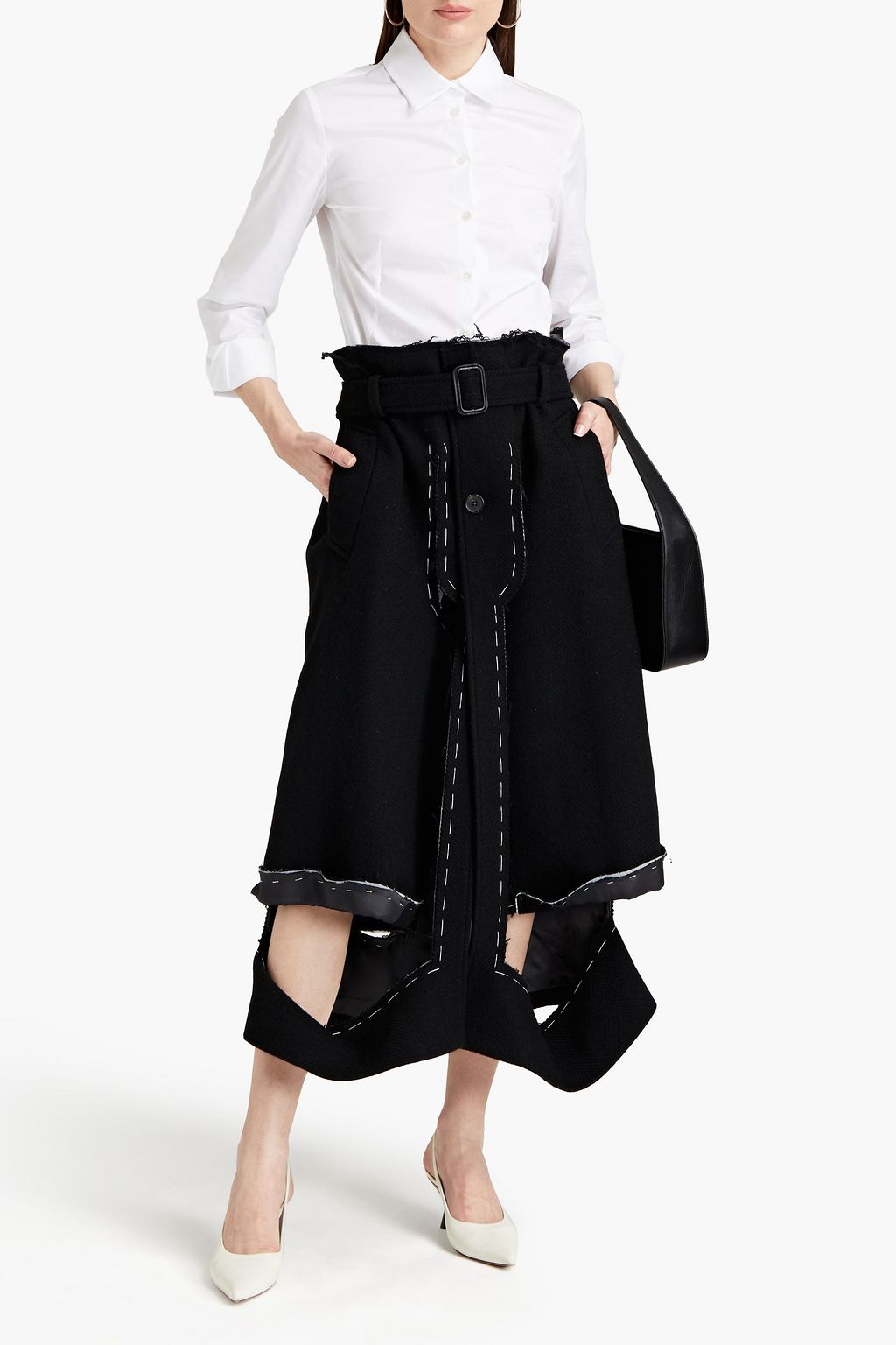 MAISON MARGIELA Belted cutout topstitched wool-twill culottes
