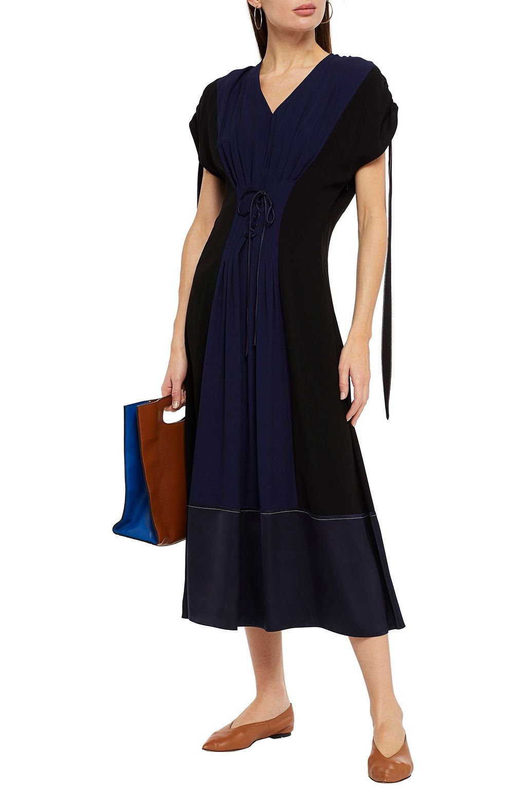 MARNI Paneled two-tone satin and cady midi dress