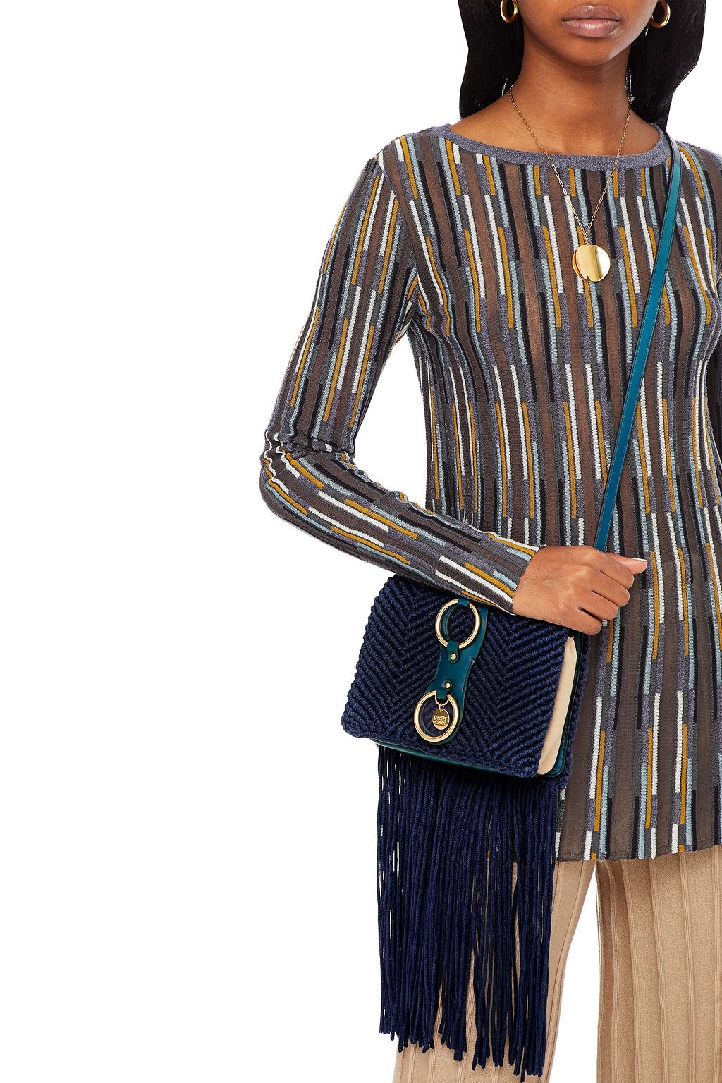 SEE BY CHLOÉ Roby crocheted cotton-paneled leather shoulder bag