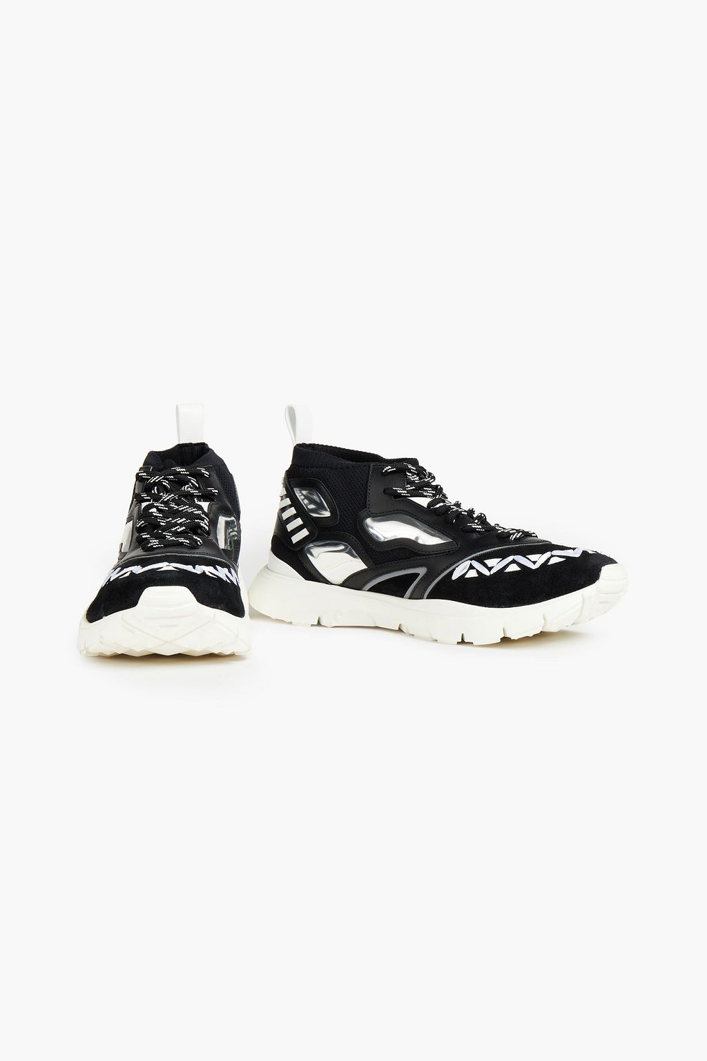 VALENTINO GARAVANI Heroes Reflex faux raffia-trimmed leather, suede and knitted sneakers