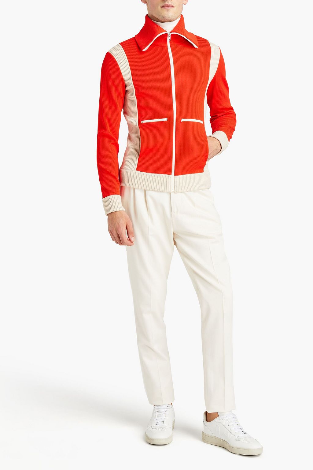 VALENTINO GARAVANI Slim-fit two-tone ribbed-knit zip-up cardigan