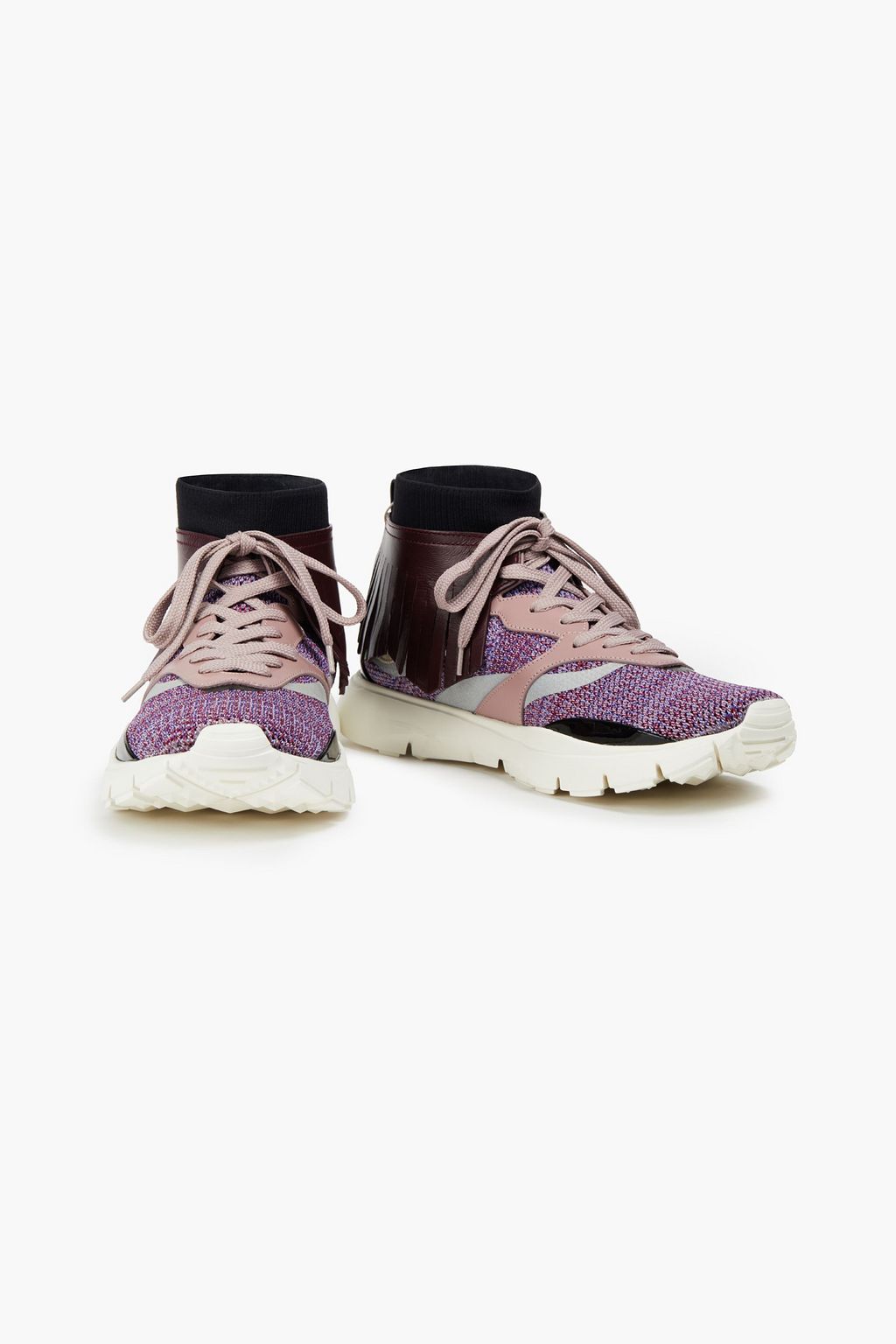 VALENTINO GARAVANI Fringed leather and mesh high-top sneakers