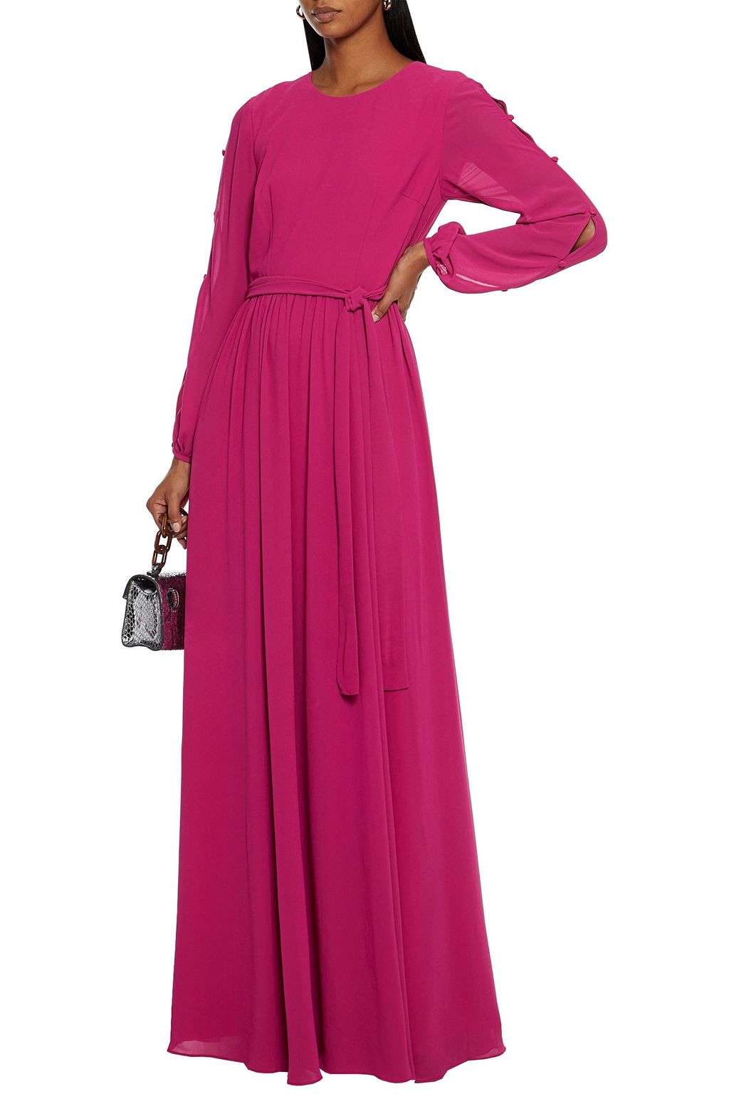MIKAEL AGHAL Belted button-detailed crepe de chine maxi dress