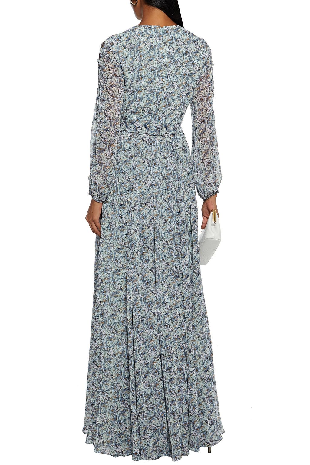 MIKAEL AGHAL Belted button-detailed printed crepe de chine maxi dress