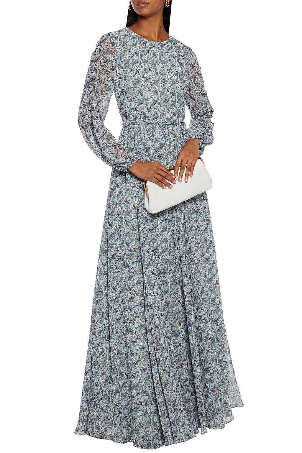 MIKAEL AGHAL Belted button-detailed printed crepe de chine maxi dress