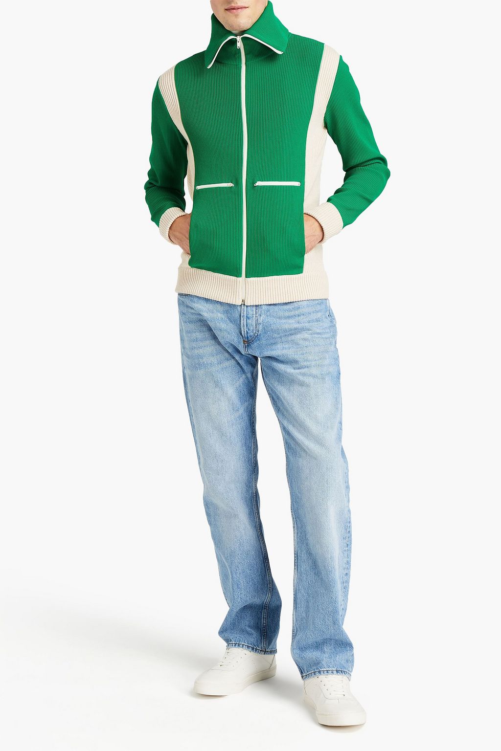 VALENTINO GARAVANI Slim-fit two-tone ribbed-knit zip-up cardigan