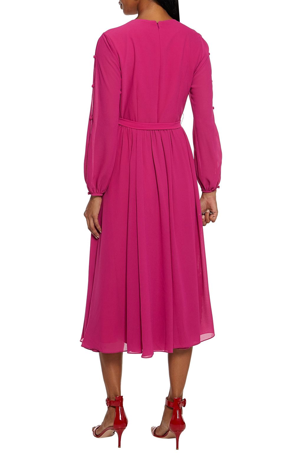 MIKAEL AGHAL Belted button-detailed georgette midi dress