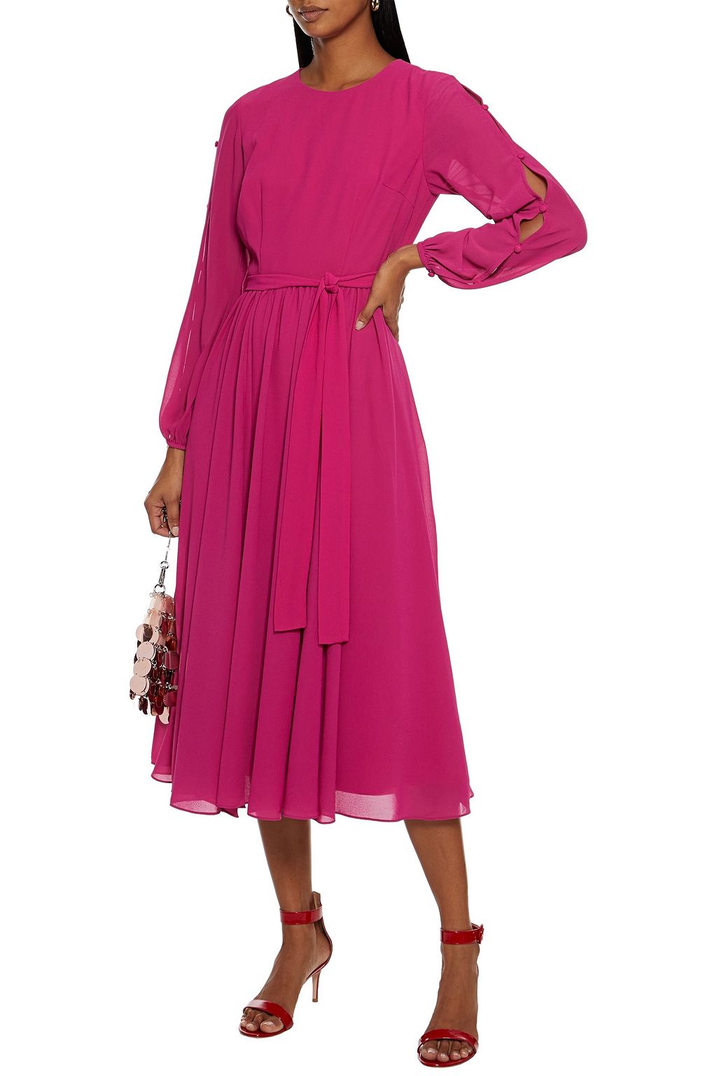 MIKAEL AGHAL Belted button-detailed georgette midi dress