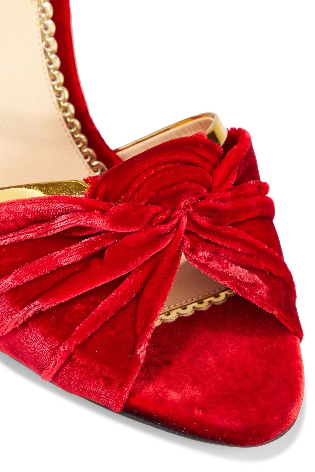 CHARLOTTE OLYMPIA Broadway metallic leather-trimmed knotted velvet sandals
