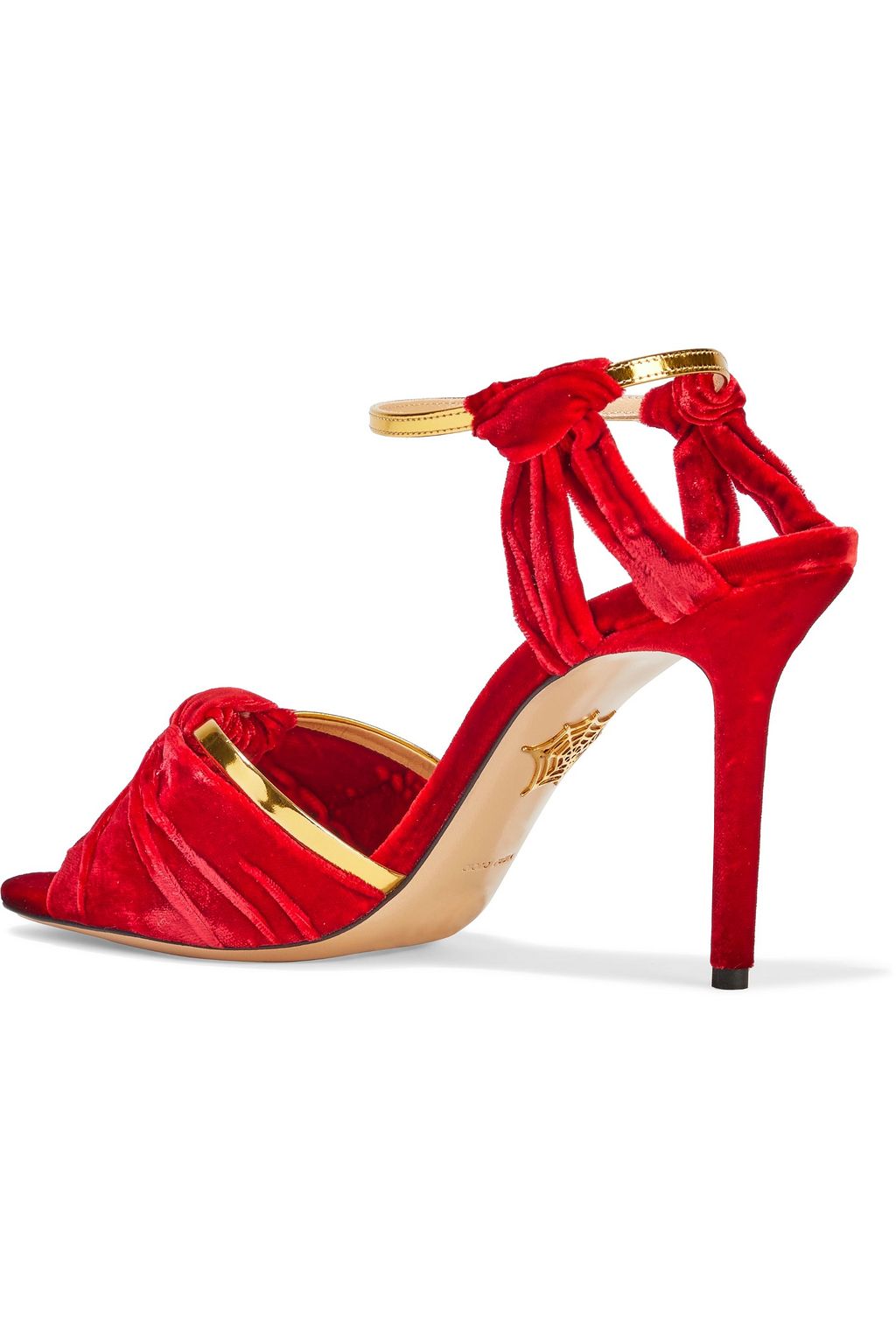 CHARLOTTE OLYMPIA Broadway metallic leather-trimmed knotted velvet sandals