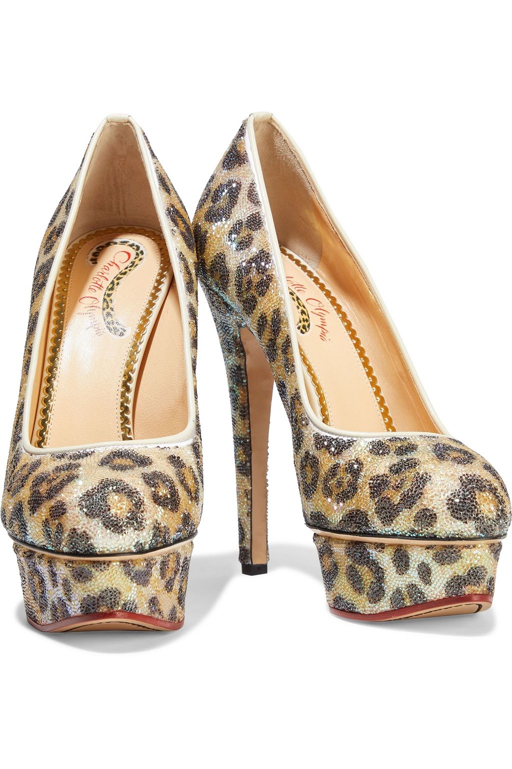 CHARLOTTE OLYMPIA Paloma crystal-embellished leopard-print satin platform pumps