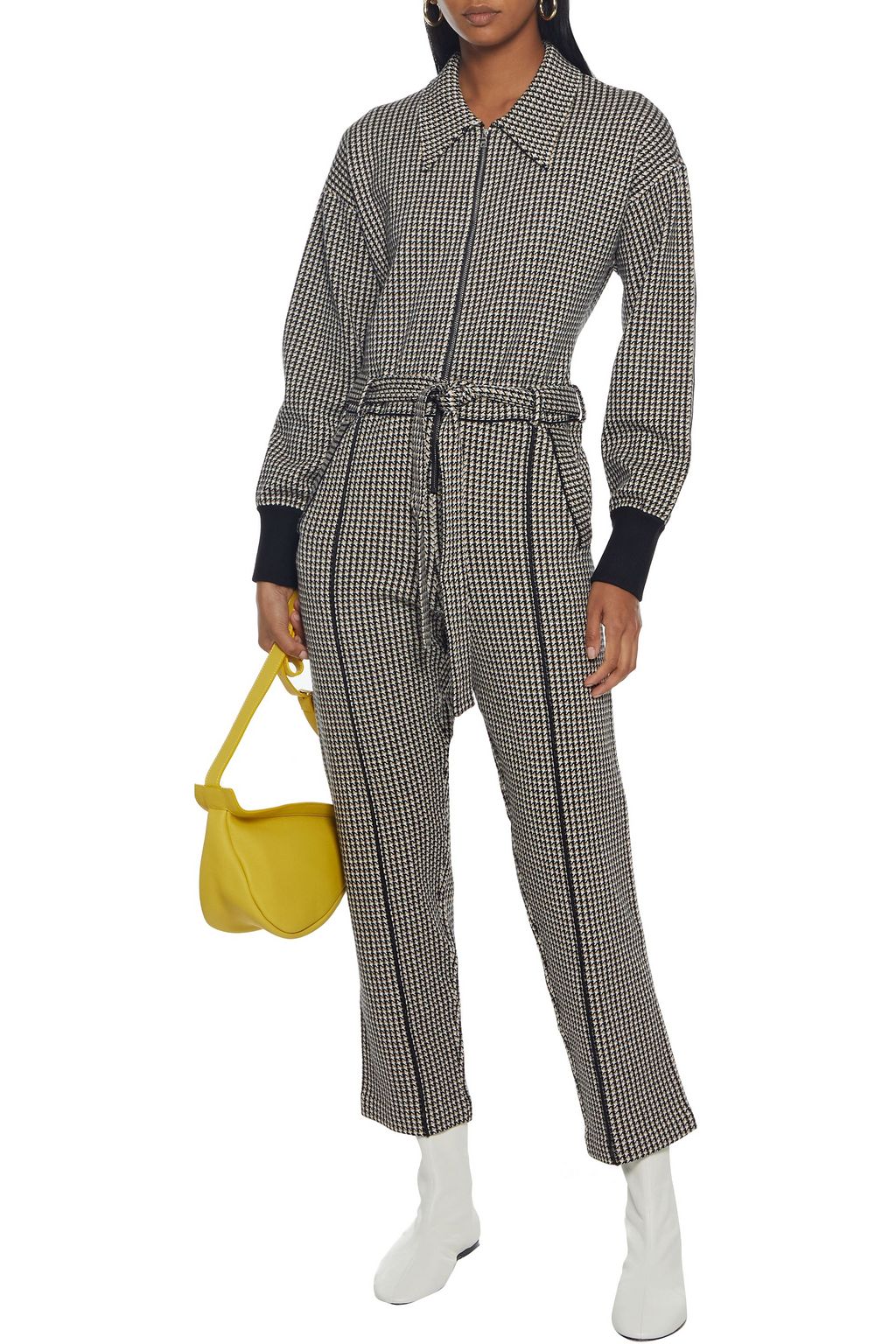 SIMKHAI Annabelle belted houndstooth jacquard-knit jumpsuit