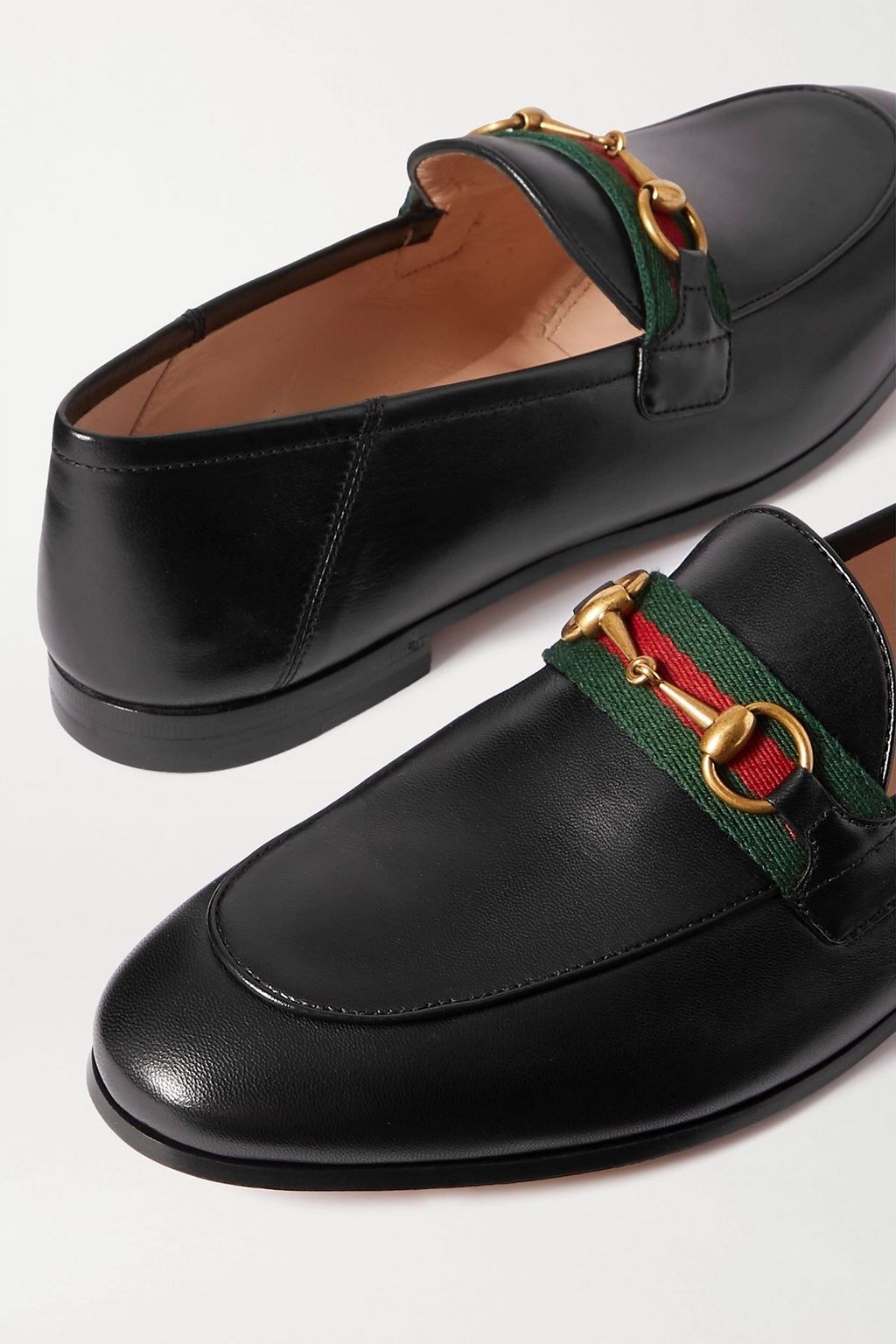 GUCCI Brixton horsebit-detailed webbing-trimmed leather collapsible-heel loafers
