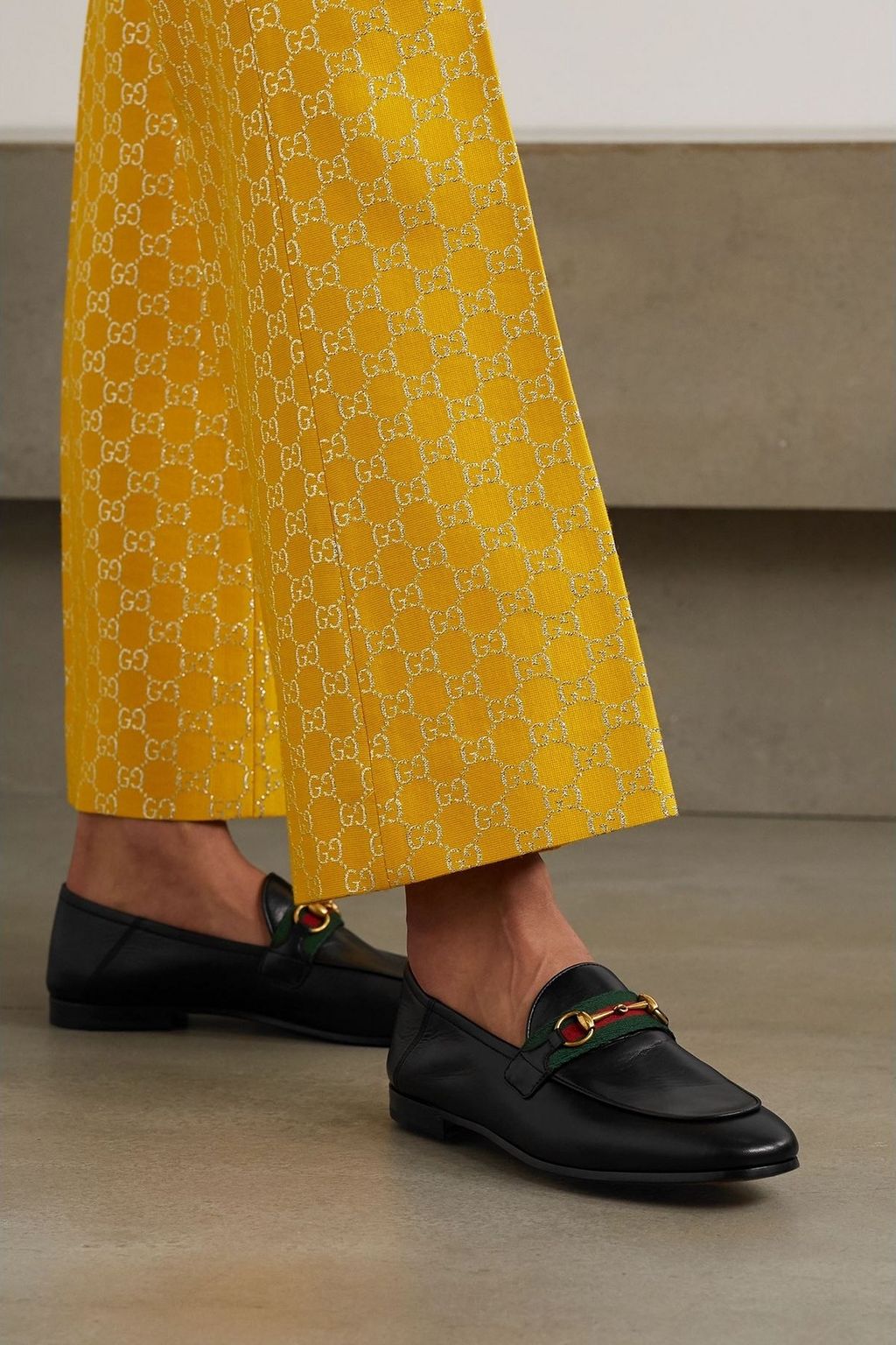 GUCCI Brixton horsebit-detailed webbing-trimmed leather collapsible-heel loafers