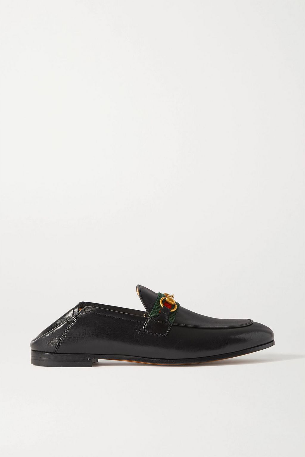 GUCCI Brixton horsebit-detailed webbing-trimmed leather collapsible-heel loafers