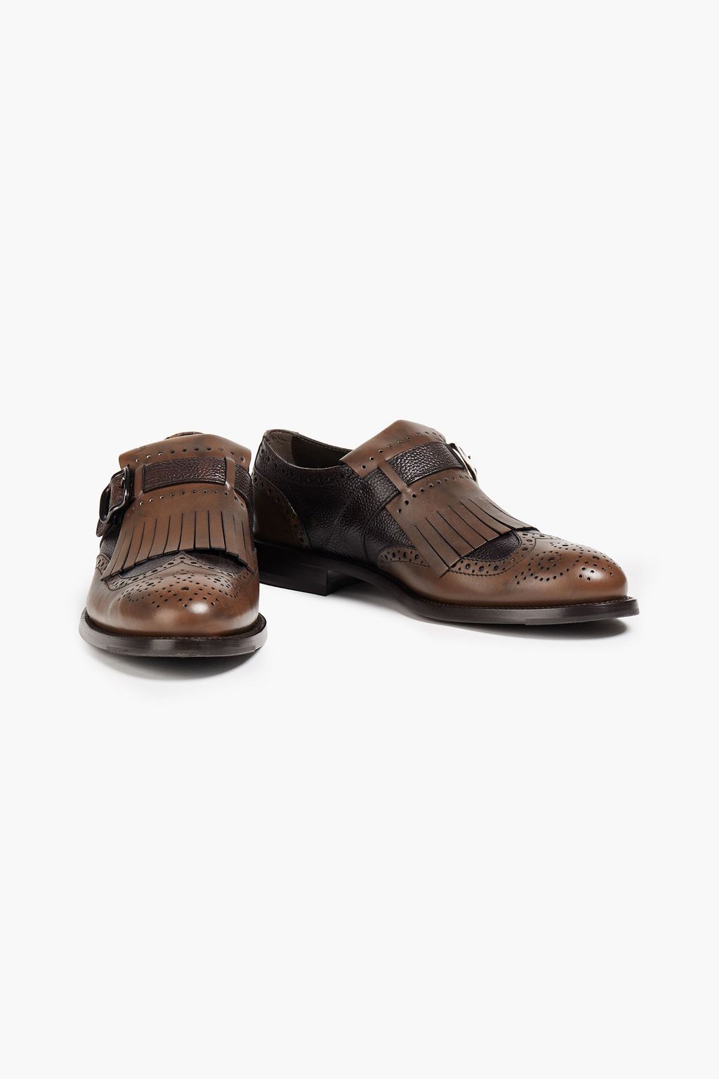 TOD'S Fringed perforated smooth and pebbled-leather monk-strap shoes