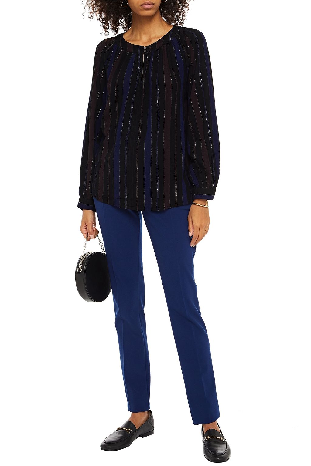 VELVET BY GRAHAM & SPENCER Gathered metallic striped crepe top