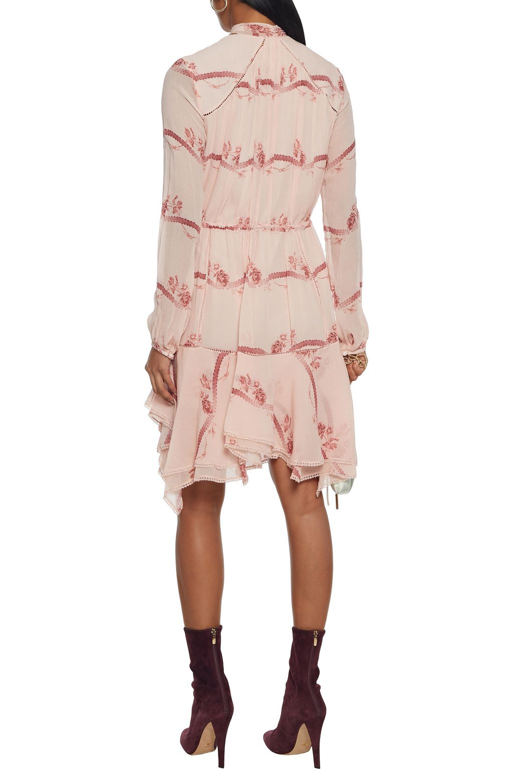 SIMKHAI Pussy-bow crochet-trimmed floral-print silk-crepon dress