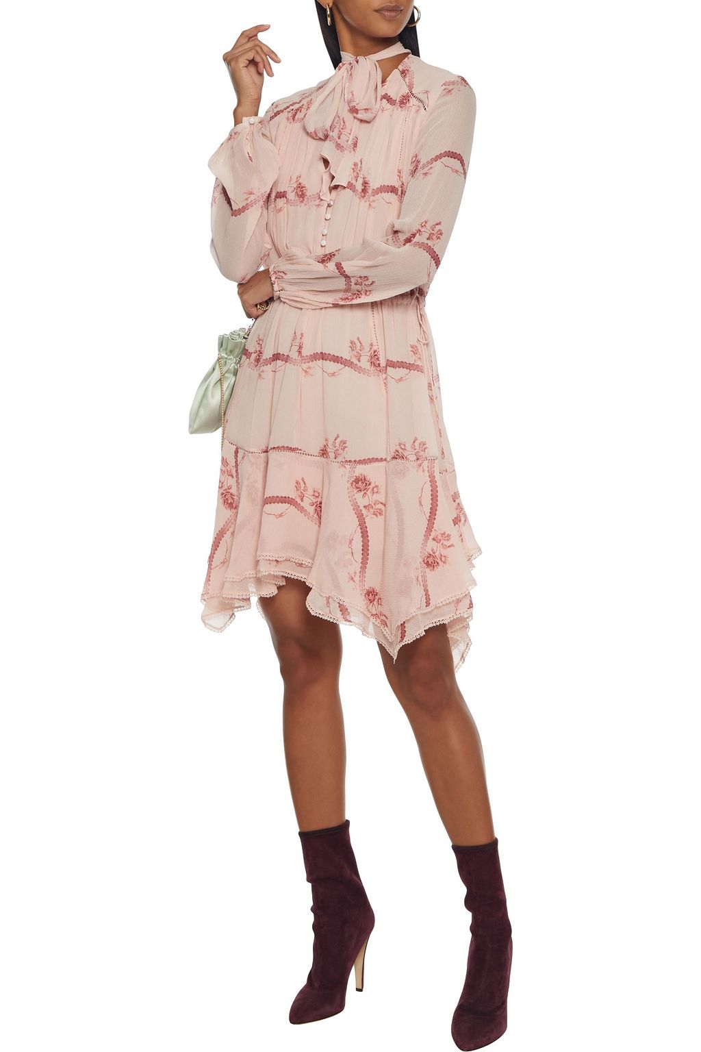 SIMKHAI Pussy-bow crochet-trimmed floral-print silk-crepon dress