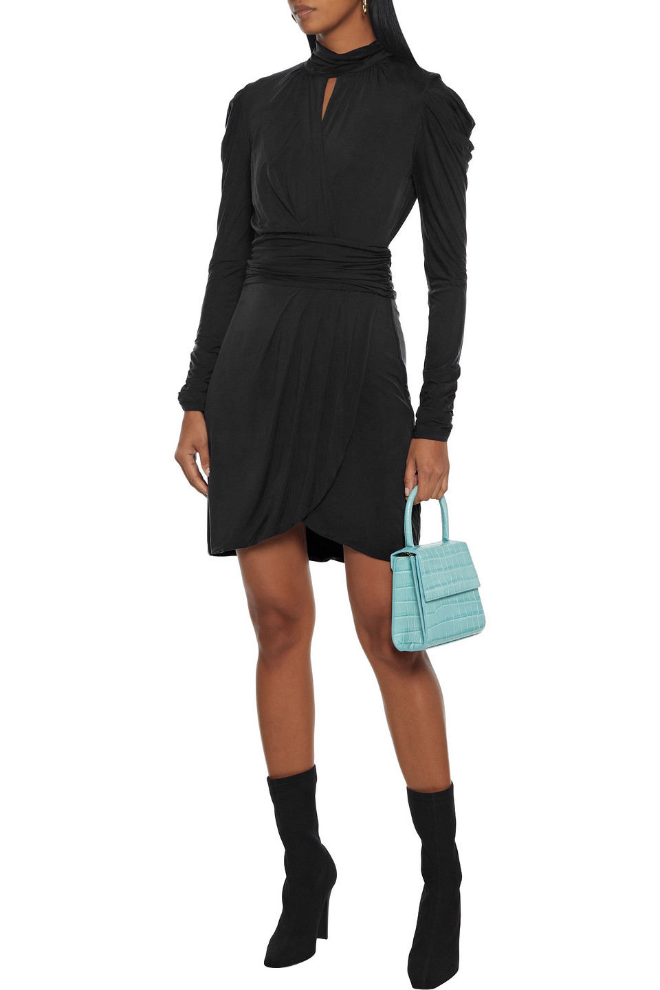 Jonathan Simkhai Wrap-effect Ruched Stretch-cupro Jersey Mini Dress In Black