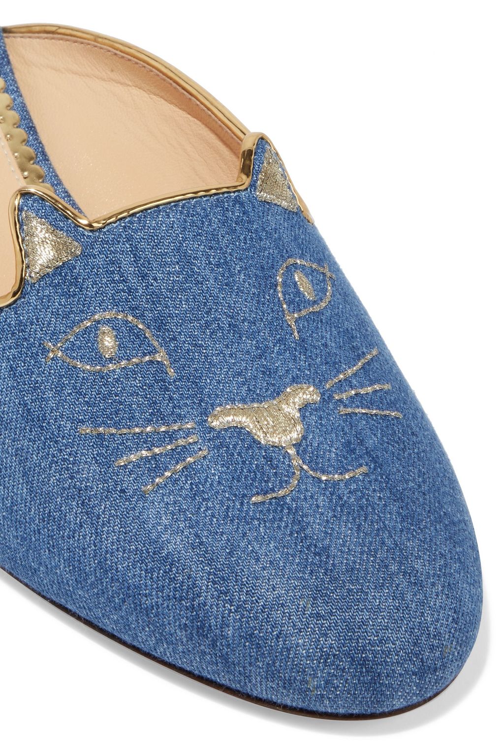 CHARLOTTE OLYMPIA Kitty embroidered denim slippers