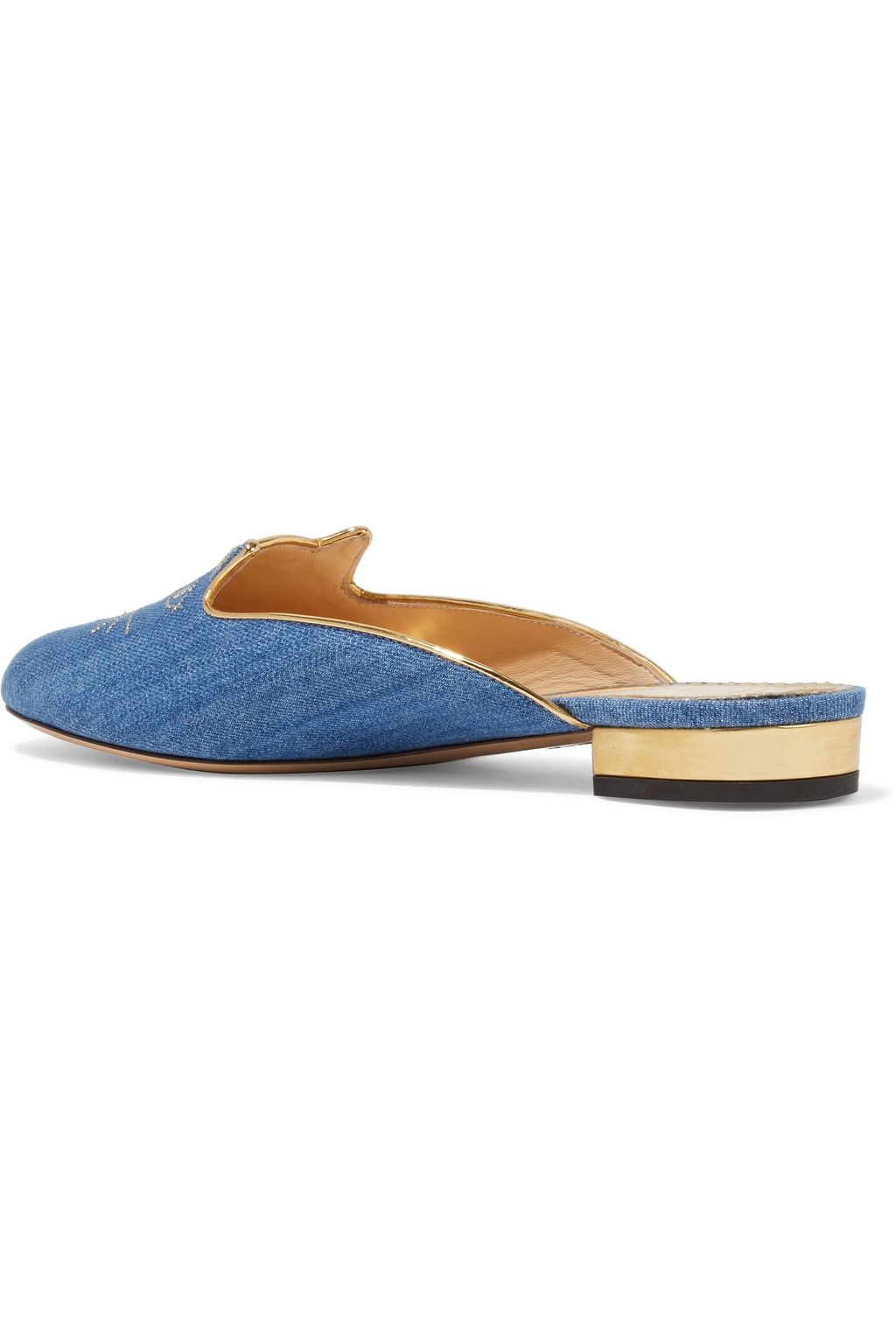 CHARLOTTE OLYMPIA Kitty embroidered denim slippers