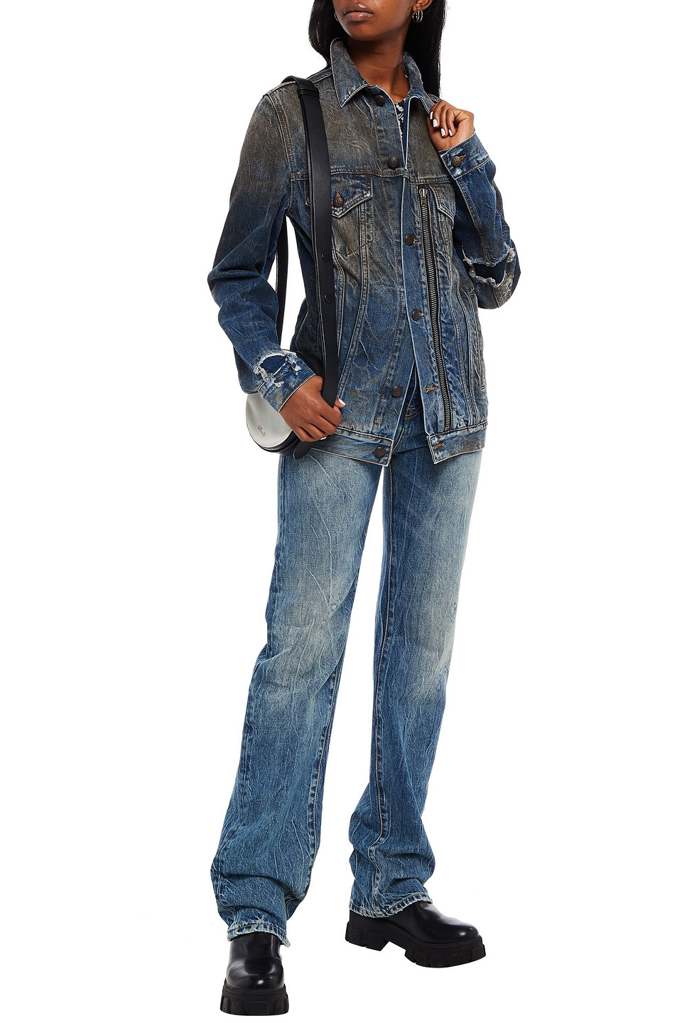 R13 Leather-trimmed Faded Denim Jacket In Blue