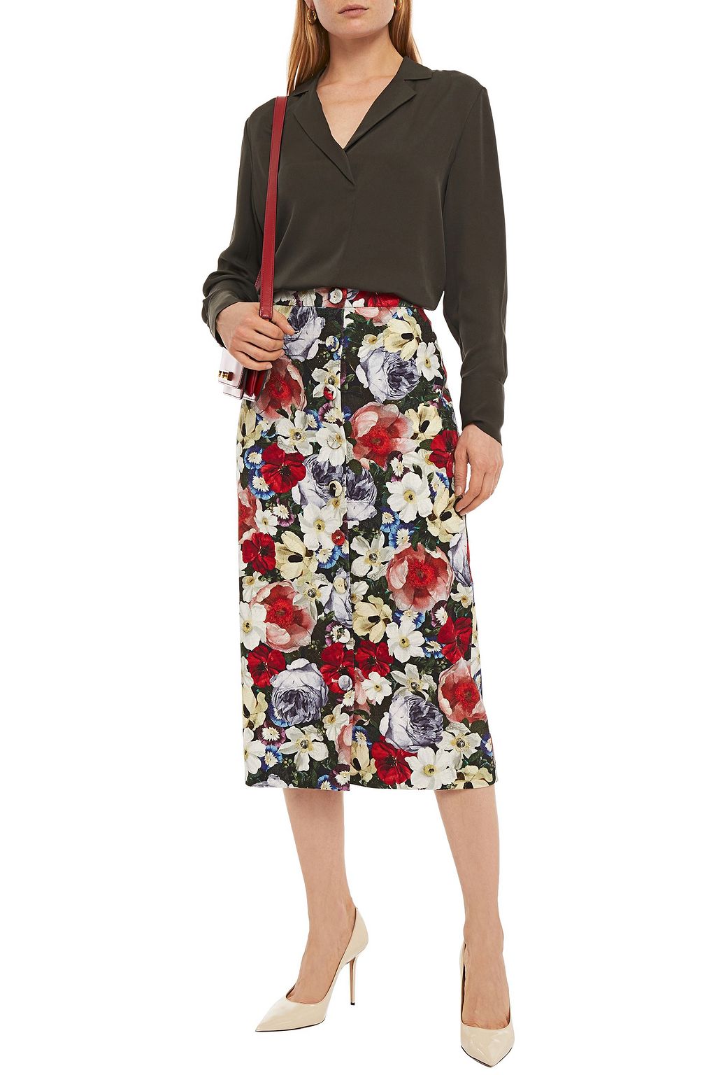 ERDEM Button-embellished cotton-blend canvas midi skirt