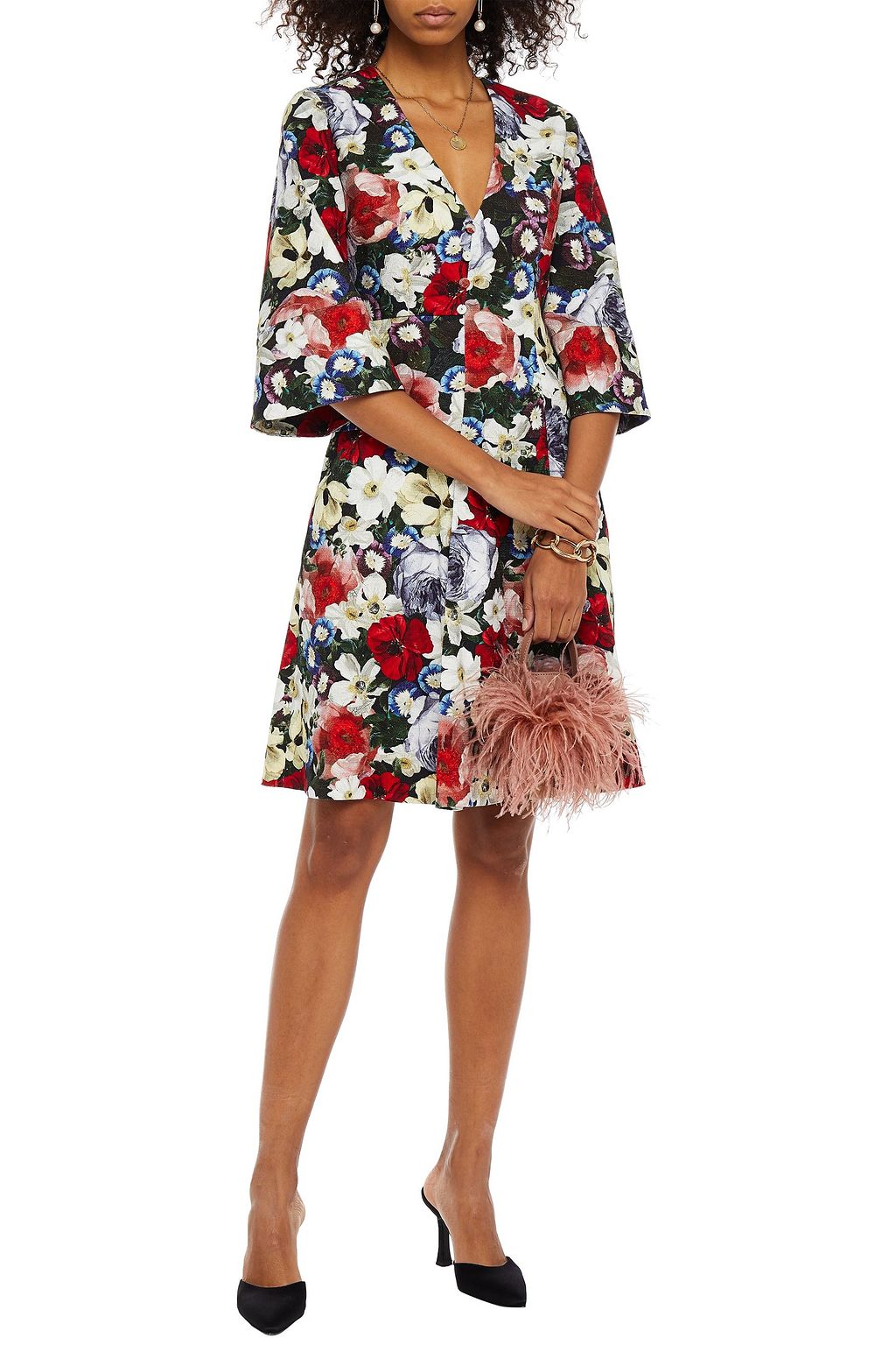 ERDEM Yeva embellished pleated floral-print cotton-blend canvas dress