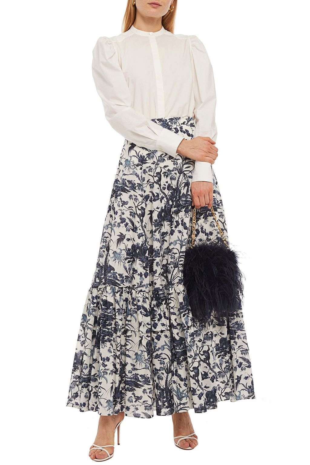 ERDEM Tiered printed cotton and linen-blend maxi skirt