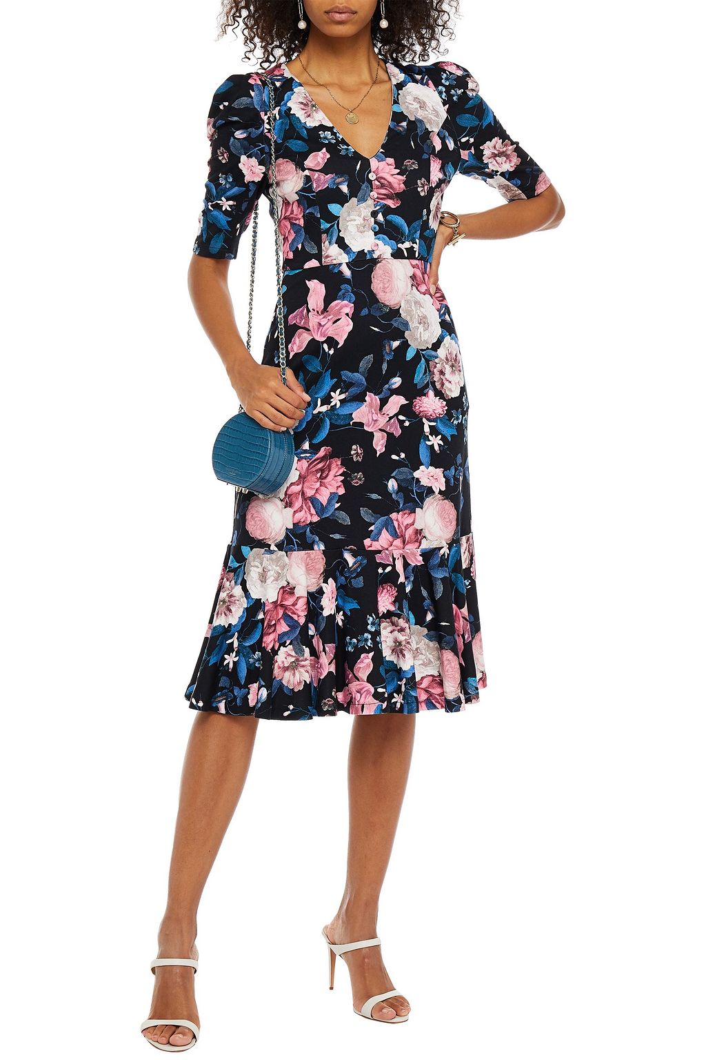ERDEM Ottavia button-embellished floral-print ponte midi dress