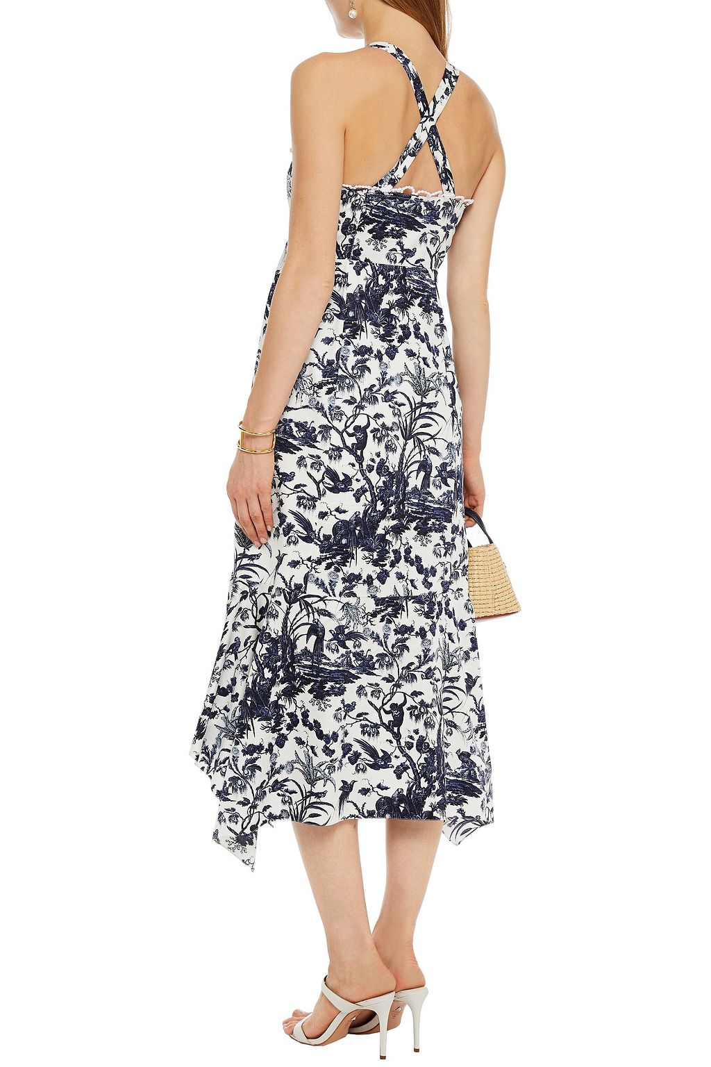ERDEM Crocheted lace-trimmed printed cotton-sateen midi dress