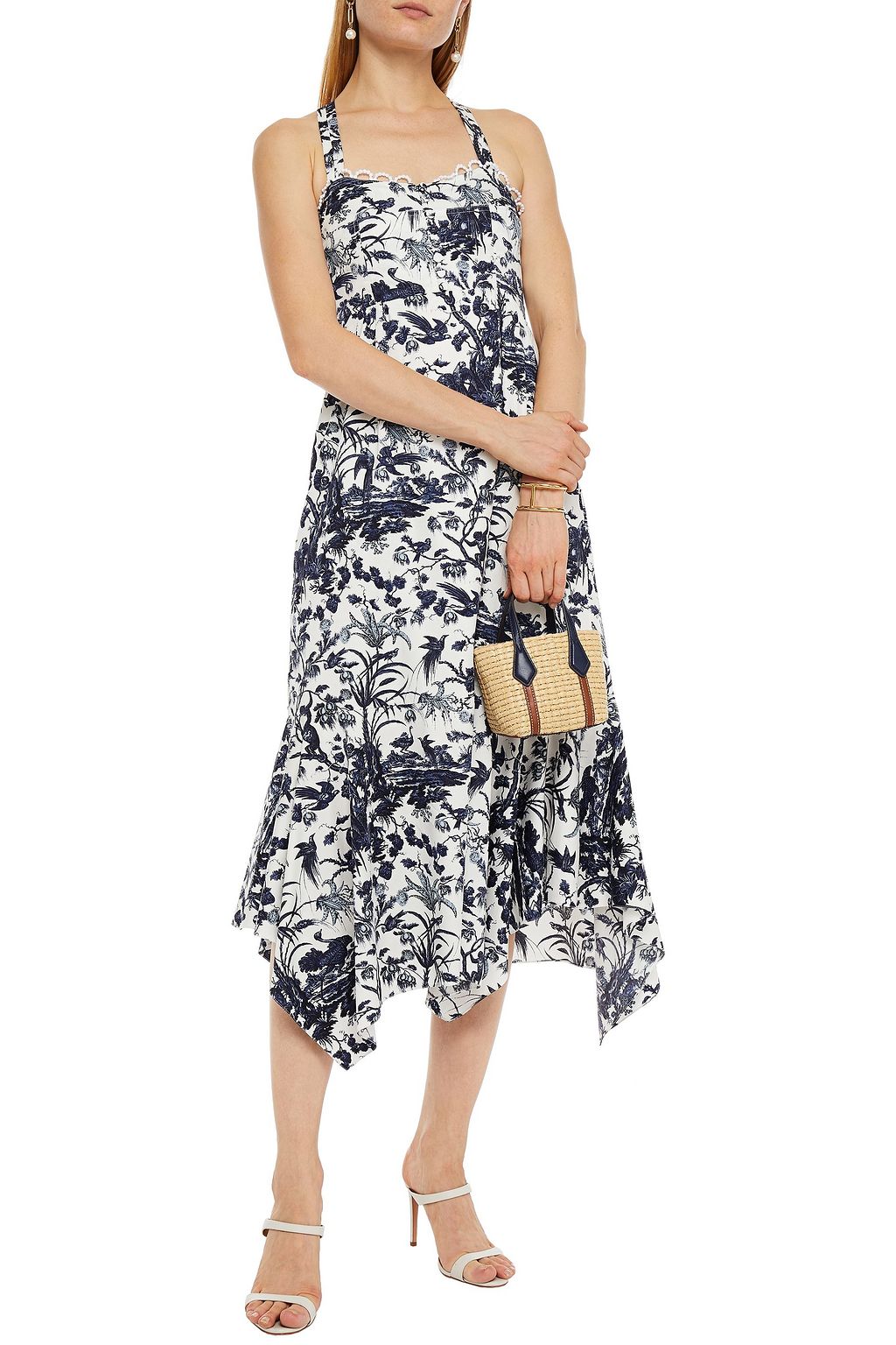 ERDEM Crocheted lace-trimmed printed cotton-sateen midi dress