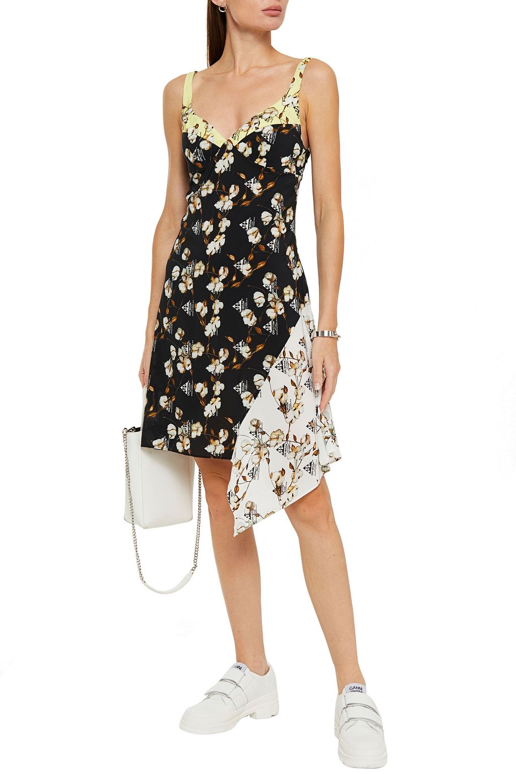 OFF-WHITE™ Asymmetric paneled printed crepe mini dress