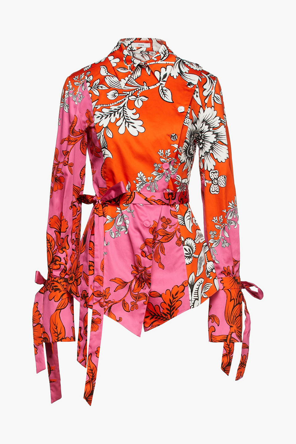 Erdem Woman Julio Asymmetric Tie-back Floral-print Cotton-sateen Shirt Orange Size 8
