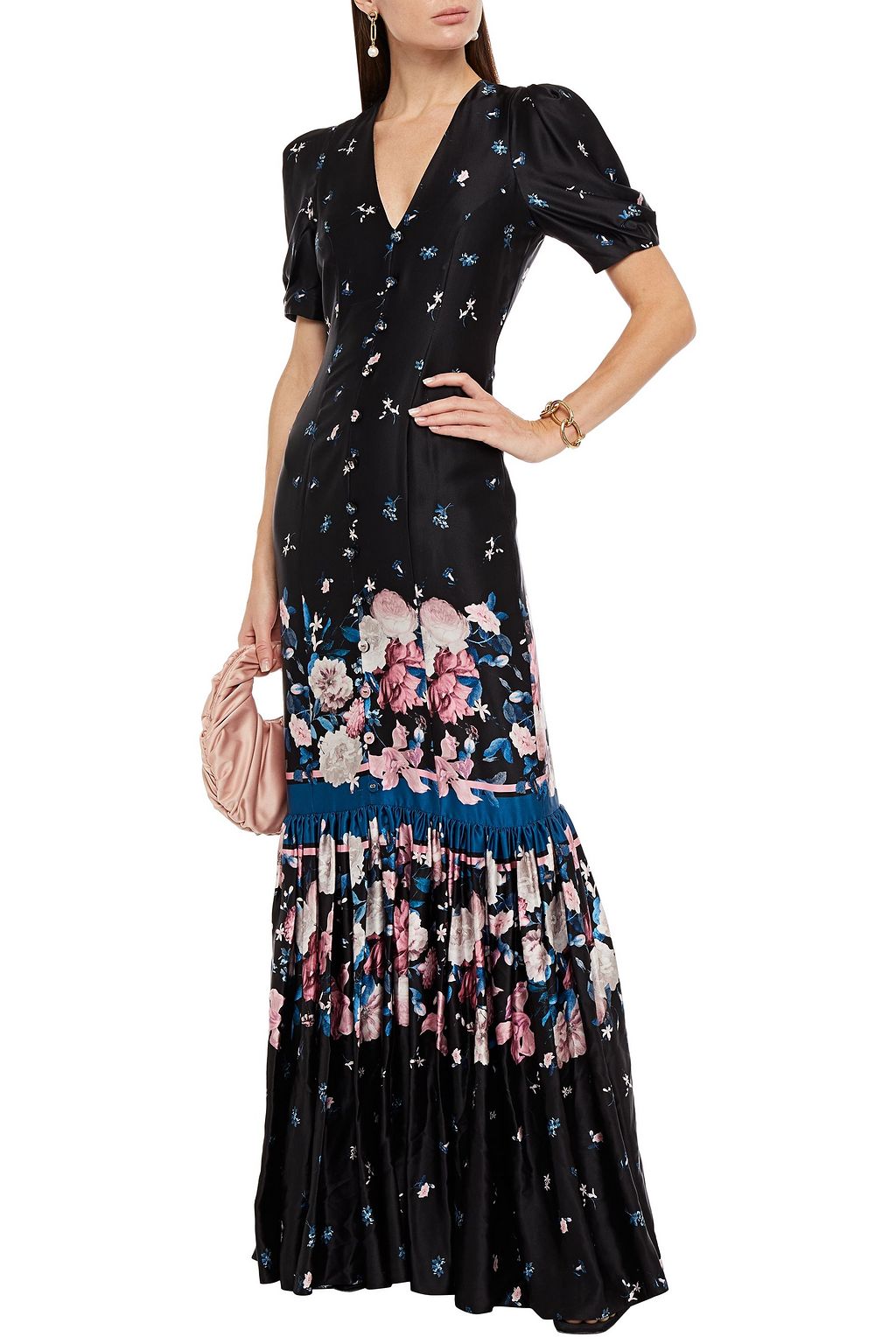 ERDEM Rosetta button-detailed floral-print silk-satin gown