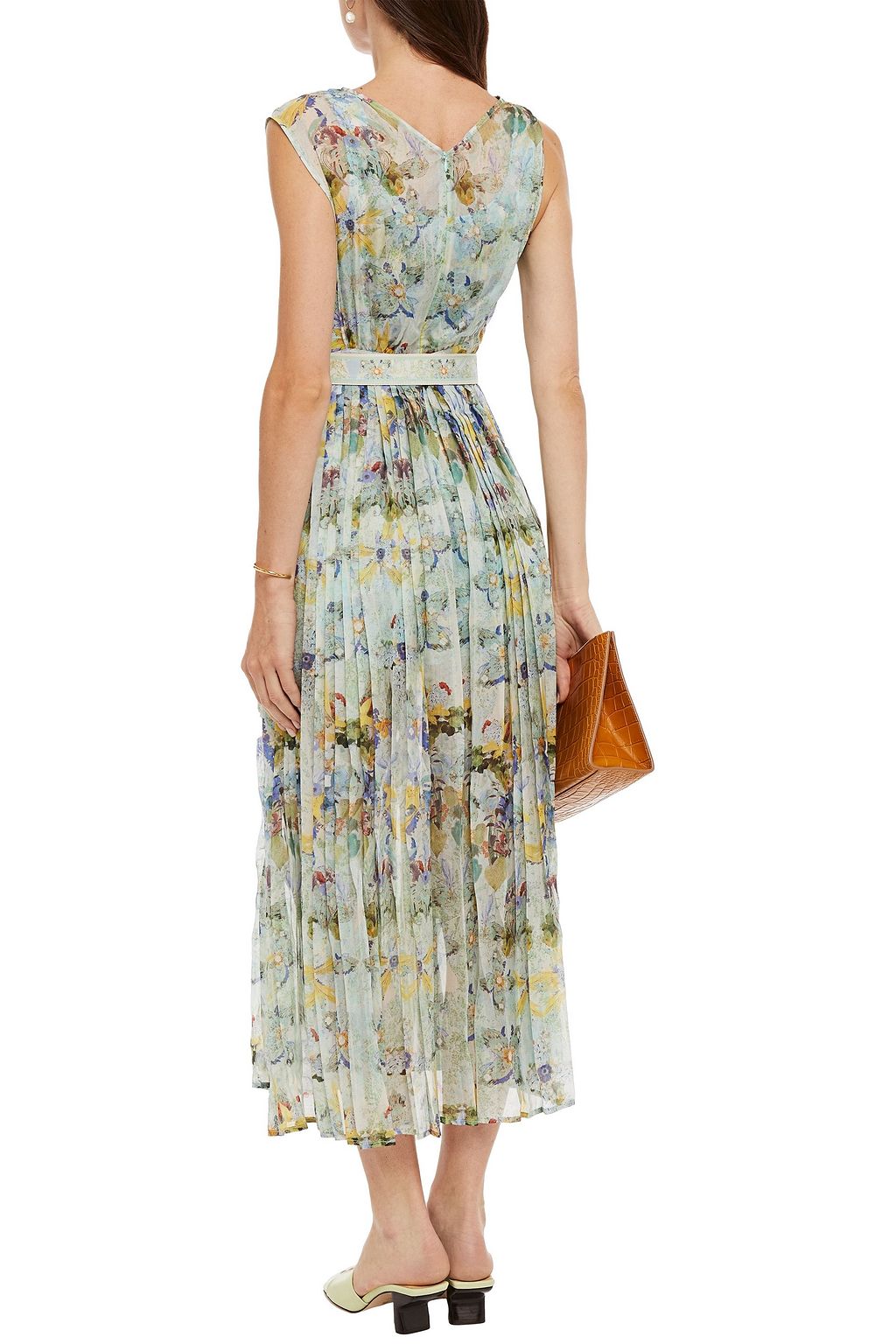 LEO LIN Verde belted pleated floral-print silk-chiffon midi dress