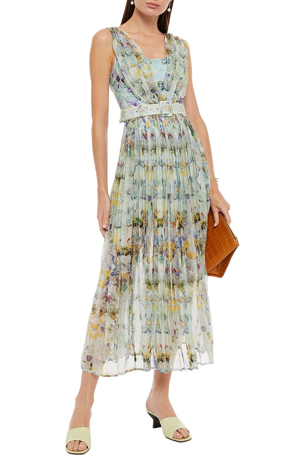 LEO LIN Verde belted pleated floral-print silk-chiffon midi dress