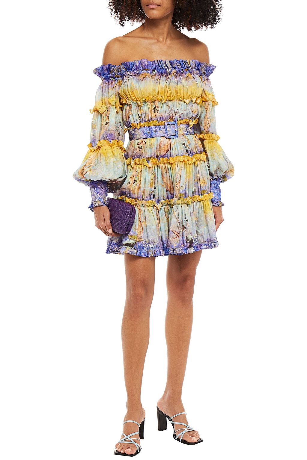 LEO LIN Off-the-shoulder belted printed linen and silk-blend mini dress