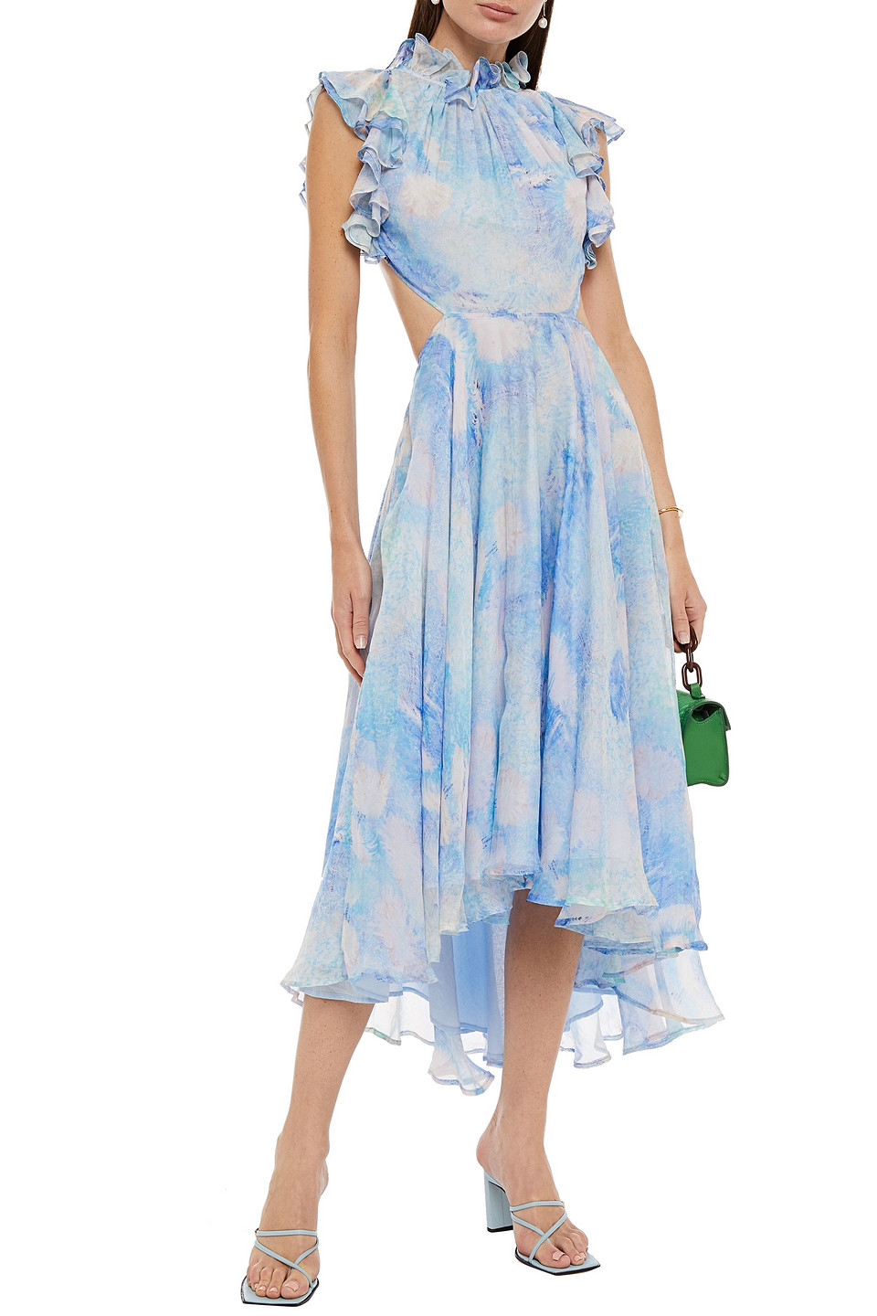 Leo Lin Oceania Open-back Gathered Printed Silk-chiffon Midi Dress In Blue