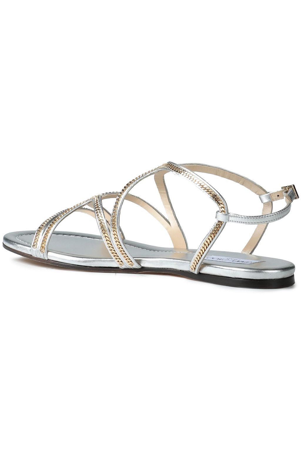 JIMMY CHOO Nickel chain-trimmed metallic leather sandals