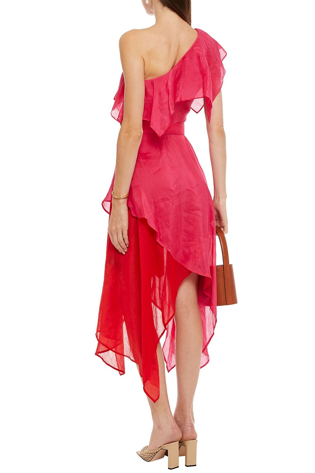 LEO LIN Passionate one-shoulder asymmetric two-tone linen and silk-blend mini dress