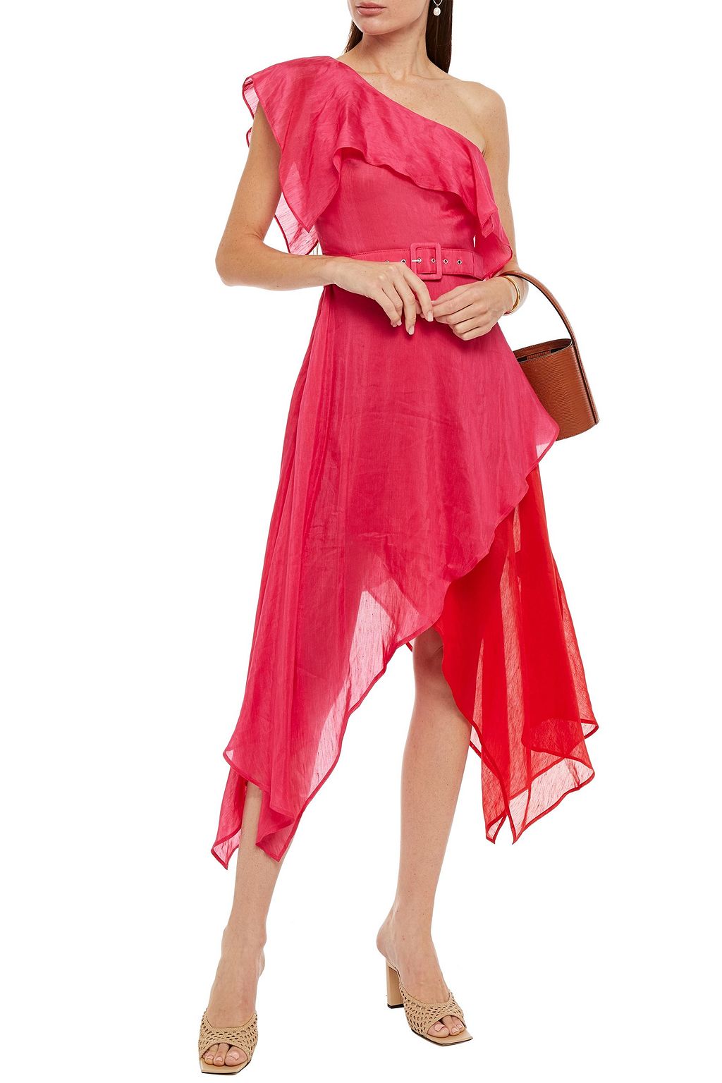 LEO LIN Passionate one-shoulder asymmetric two-tone linen and silk-blend mini dress