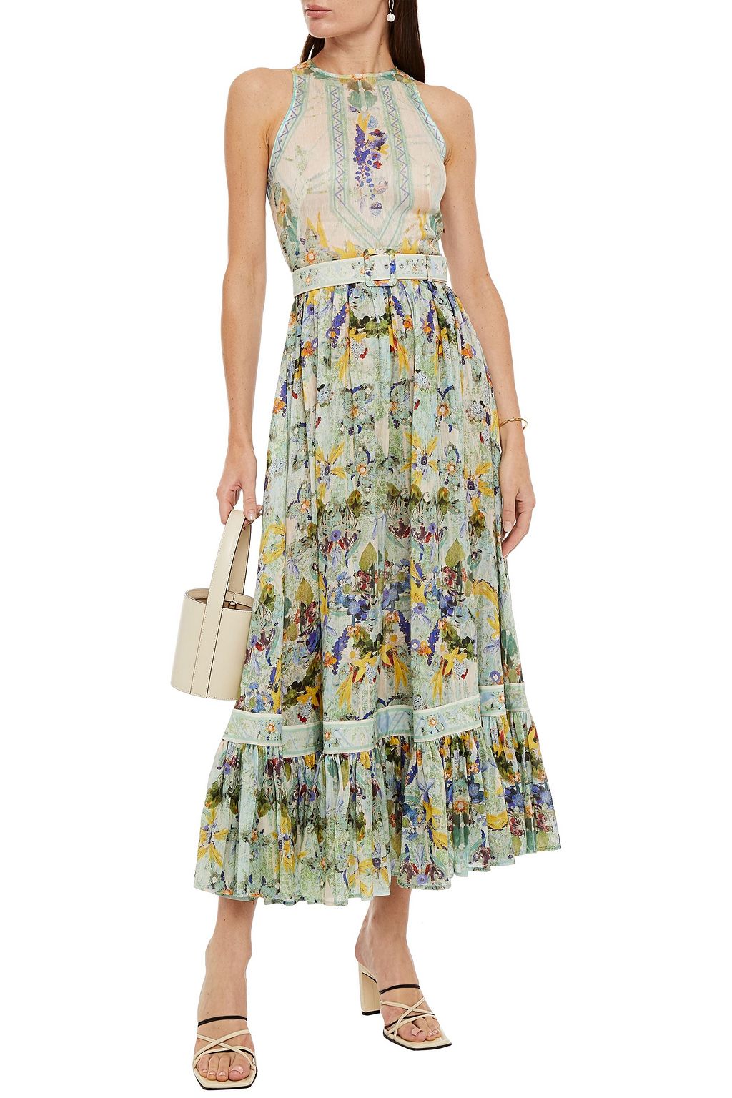 LEO LIN Verde belted floral-print linen and silk-blend midi dress